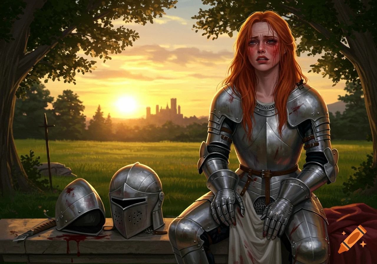 Red-haired knight in armor sits distressed in a field at sunset with removed armor nearby, castle in the distance.