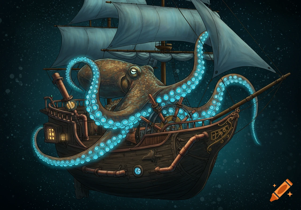 Steampunk octopus with glowing tentacles steering a ship against a starry background.
