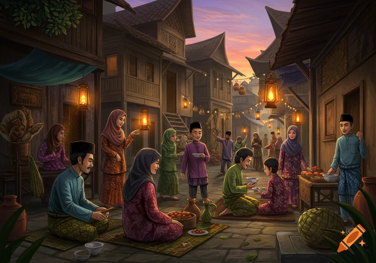 Illustration of people celebrating in a village street at sunset with lanterns, food, and traditional clothing.
