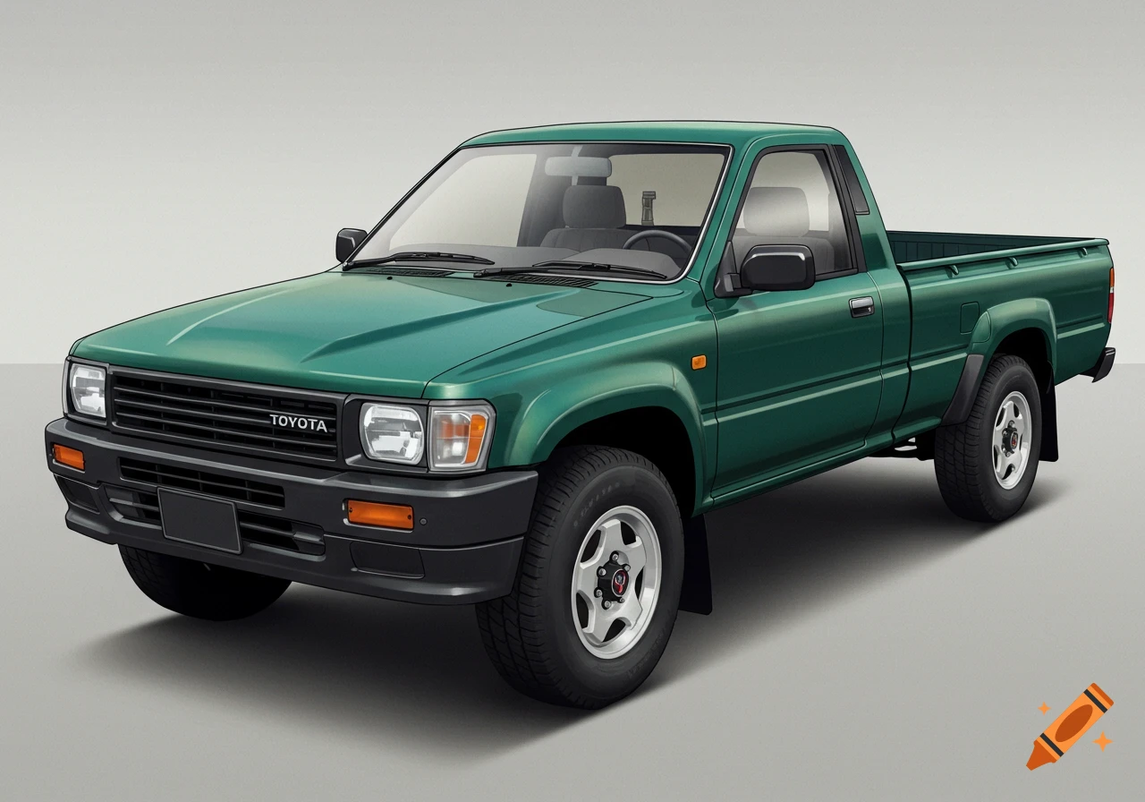 A green Toyota pickup truck is parked.