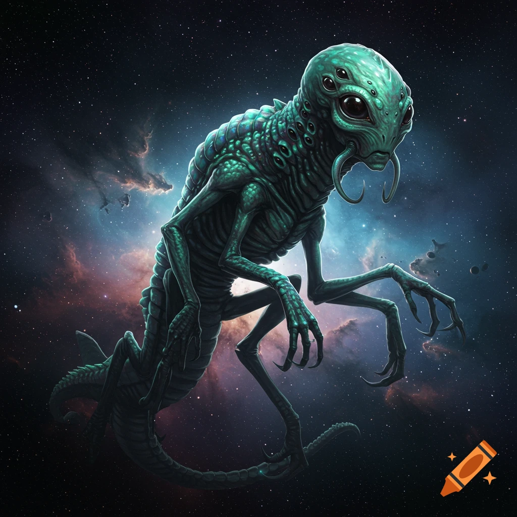 A strange alien creature stands in space amidst nebulae and stars.