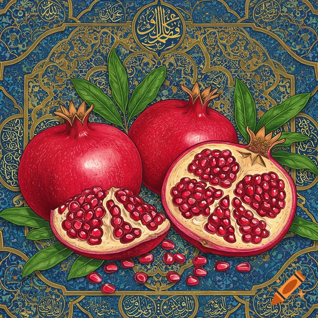 Graphic illustration of pomegranates on a blue and gold Islamic art background.