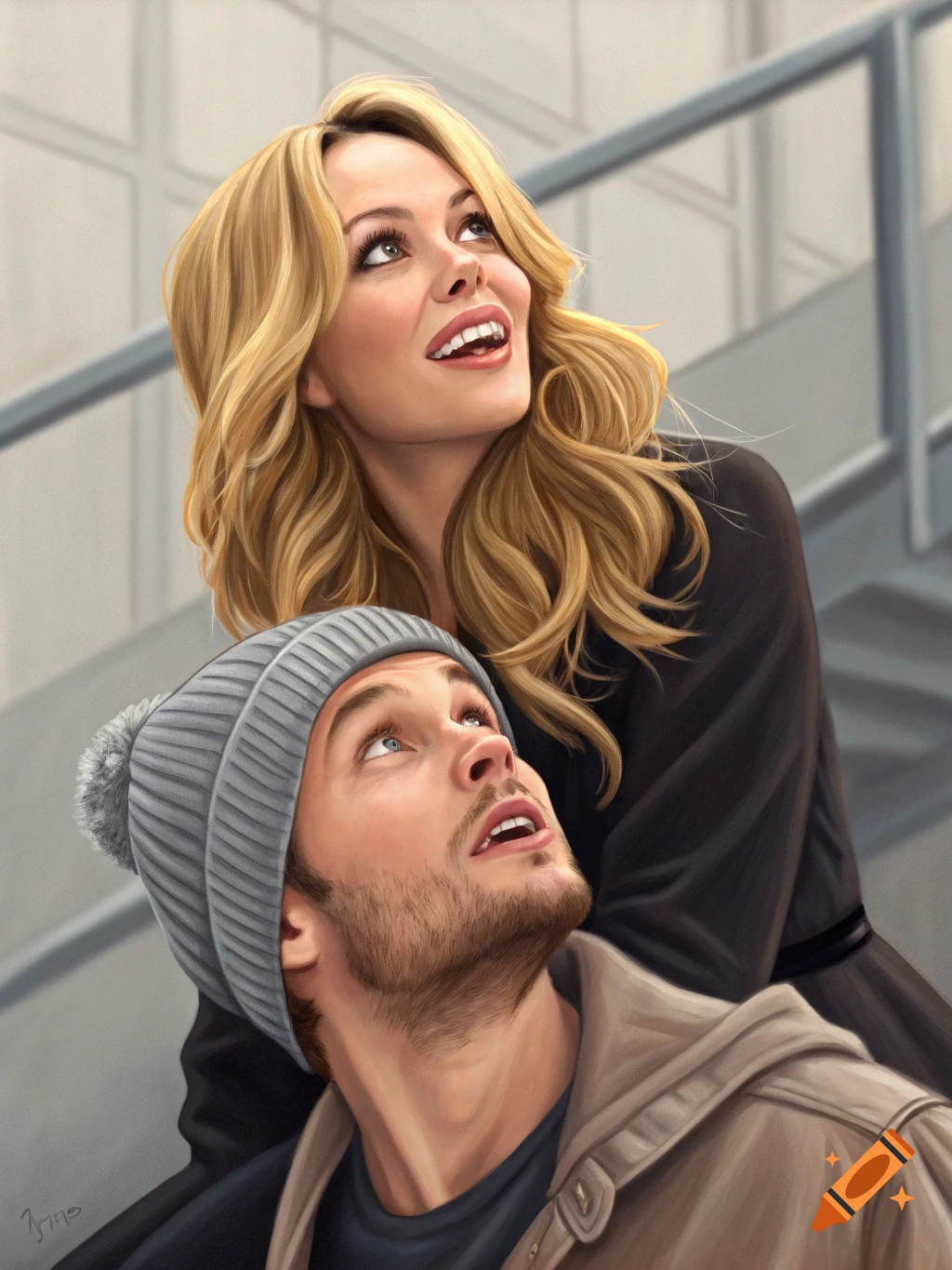 Painting of a woman and man looking upwards. on Craiyon