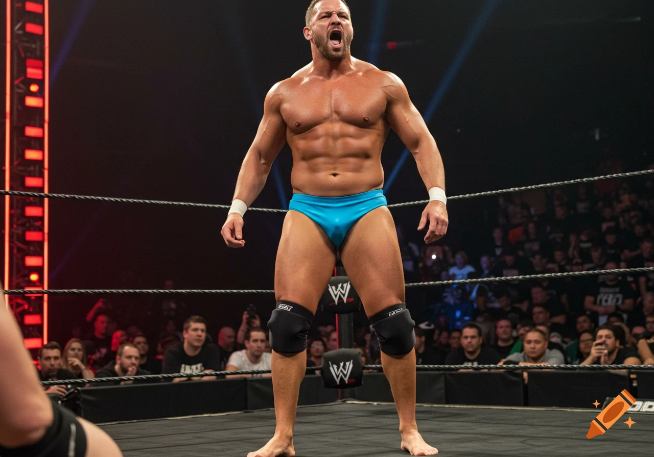 Muscular wrestler in a blue speedo stands in a wrestling ring