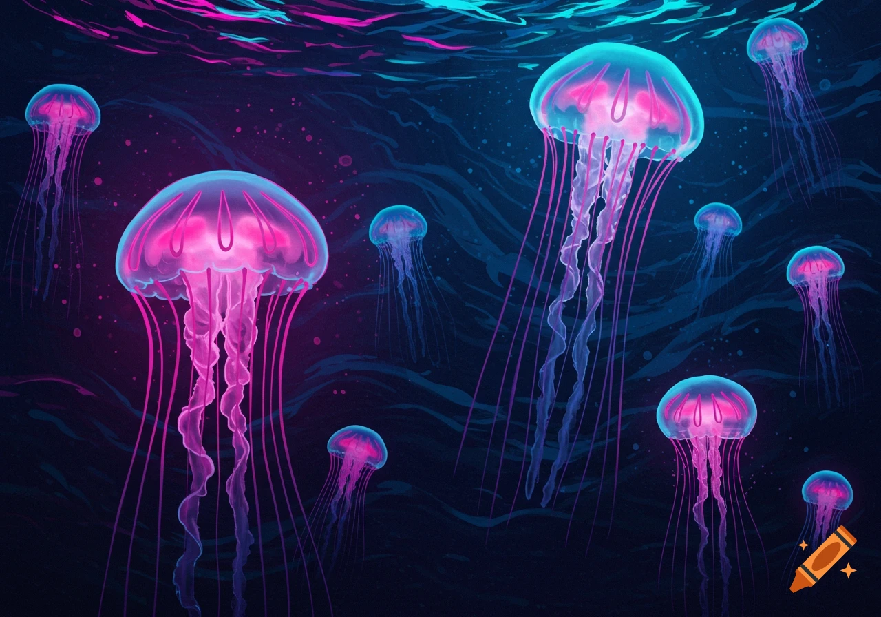 Neon pink and blue jellyfish floating in a dark underwater scene