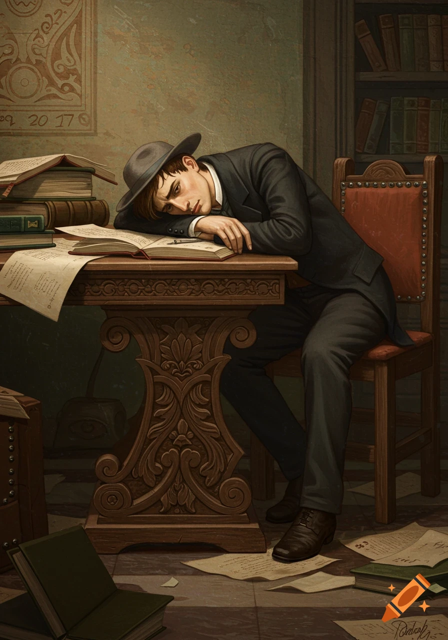 A young man in a suit and hat rests his head on a book at a desk, surrounded by books and papers. Classical painting style.