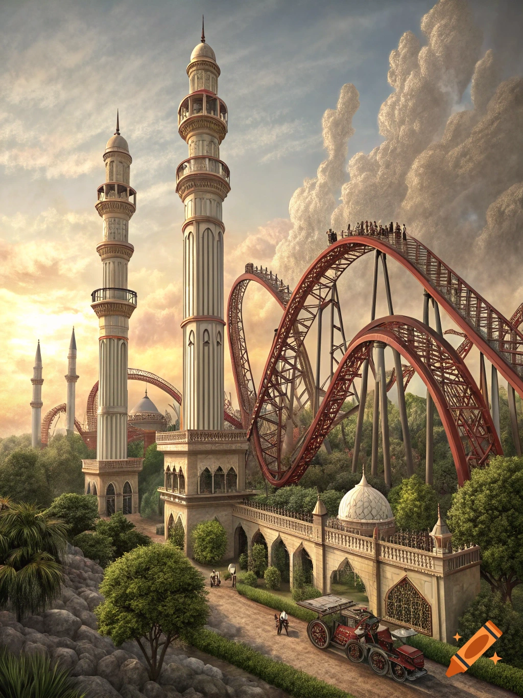 A large red roller coaster track winds around tall minaret-like towers in a lush, fantastical landscape with an old car.