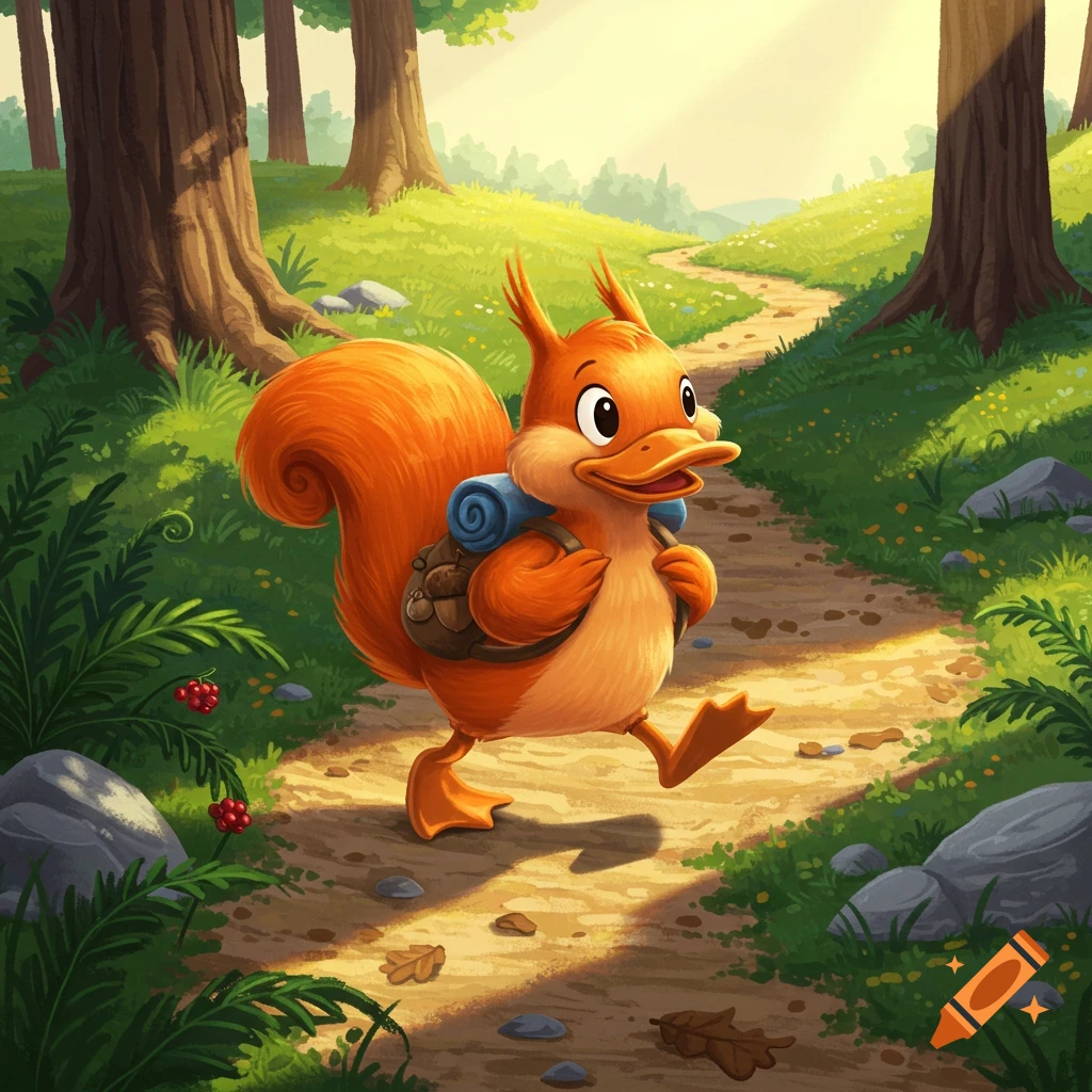 A cartoon squirrel-duck hybrid creature walks on a forest path wearing a backpack.