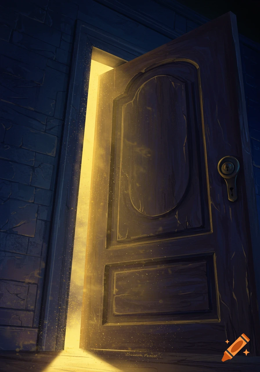 A slightly open wooden door in a stone wall, with bright golden light streaming from the opening.