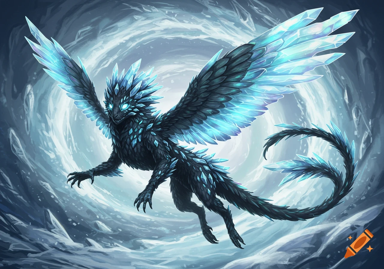 Digital painting of a dark fantasy creature covered in blue ice crystals, flying in an icy cave.