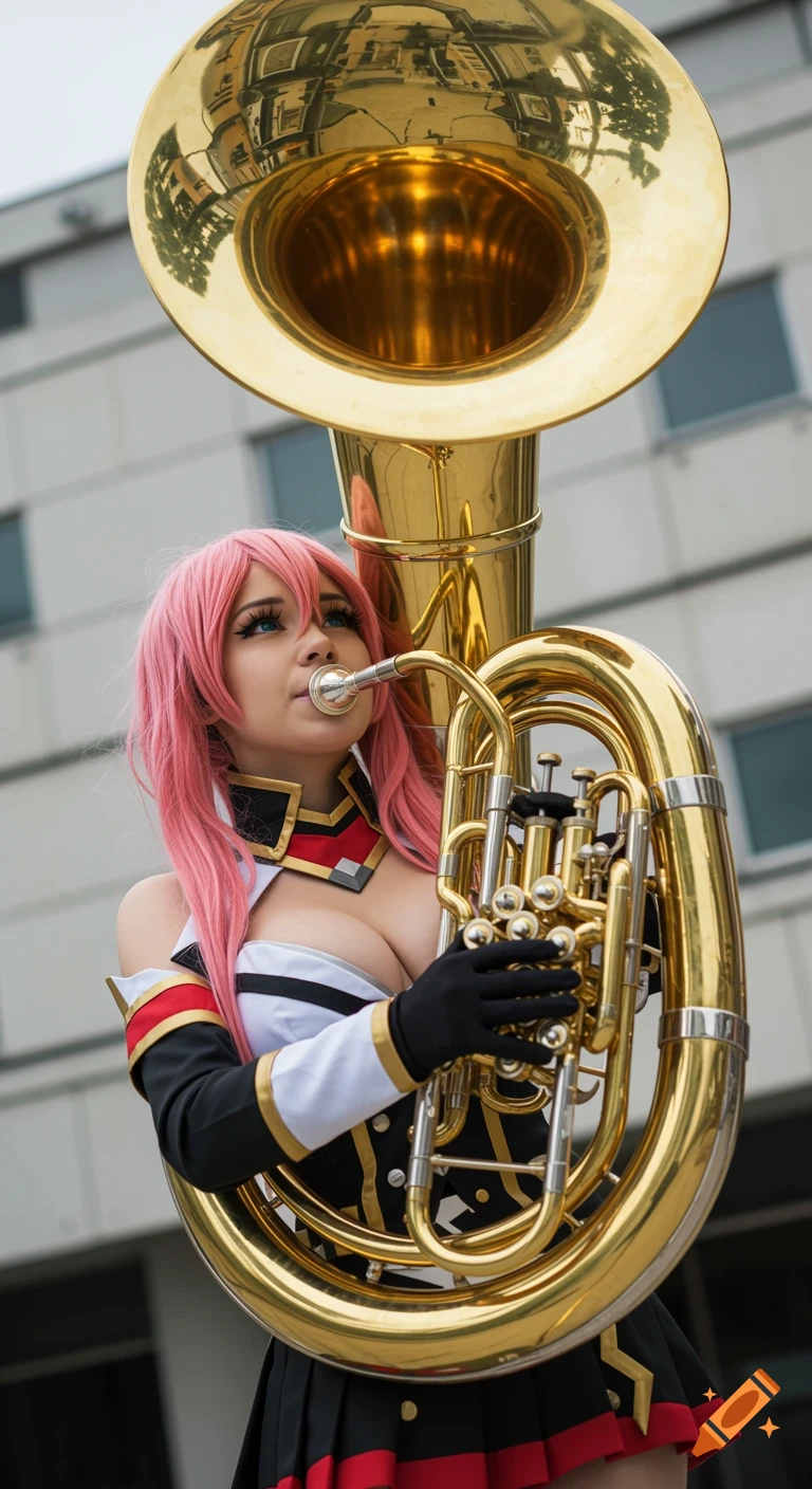 Woman with pink hair in cosplay plays a brass instrument looking up