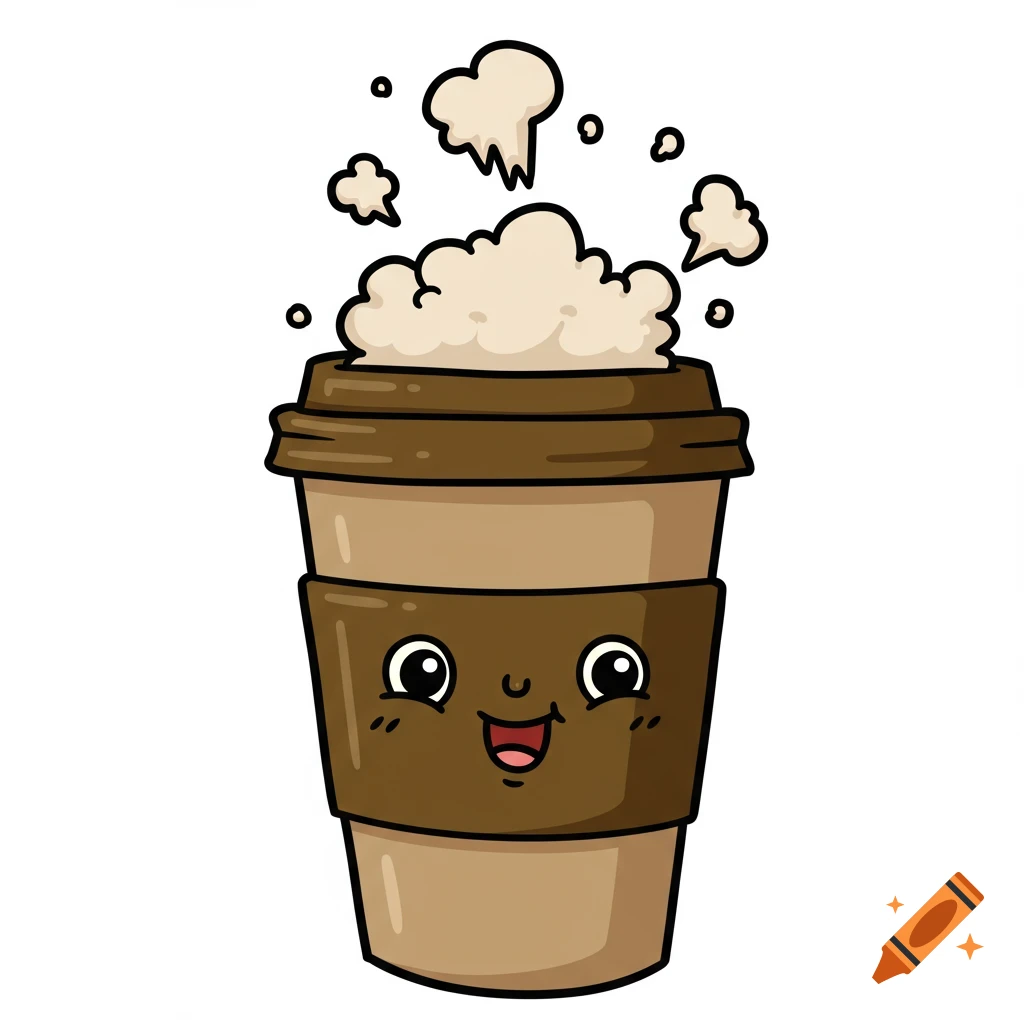 A cute cartoon coffee cup with a face.