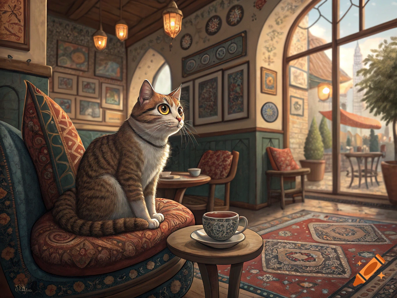 A cat sits on an ornate chair in a decorated cafe near a teacup and a window.