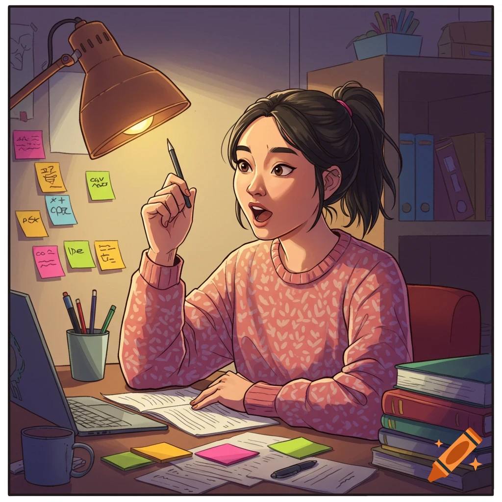 Illustration of a student brainstorming at a desk filled with sticky notes, papers, laptop, and books.