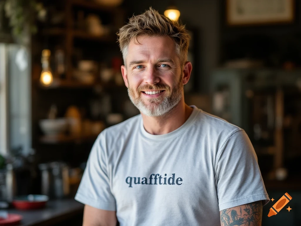 A smiling man in a t-shirt in a cafe.