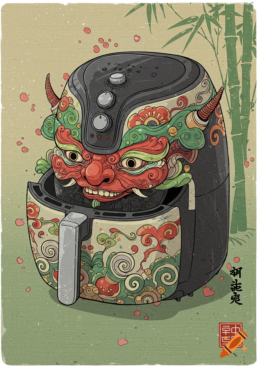 Air fryer styled as a Japanese demon mask painting with bamboo in the background