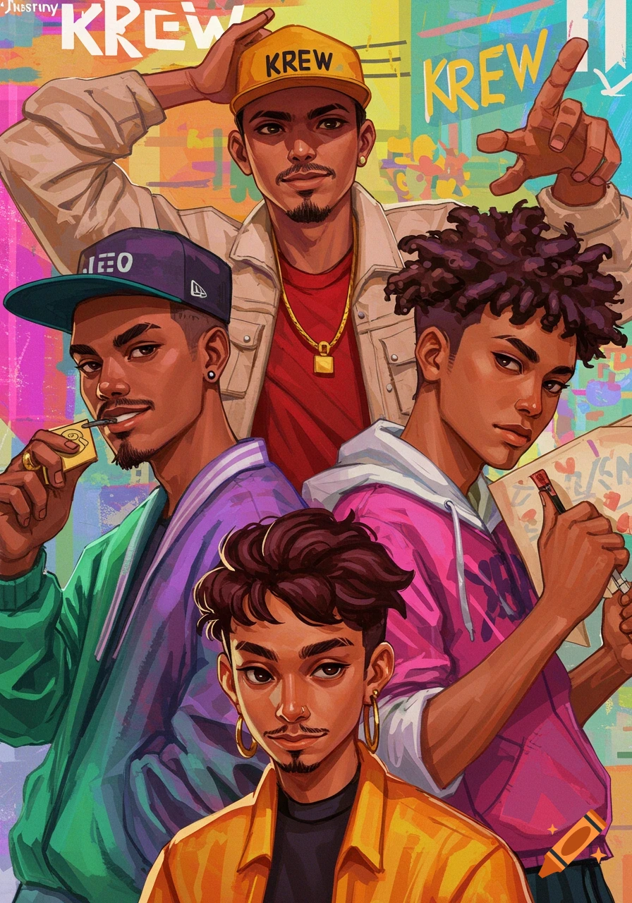 Stylized group portrait of young men in streetwear against a colorful graffiti background. The text 'KREW' is visible.