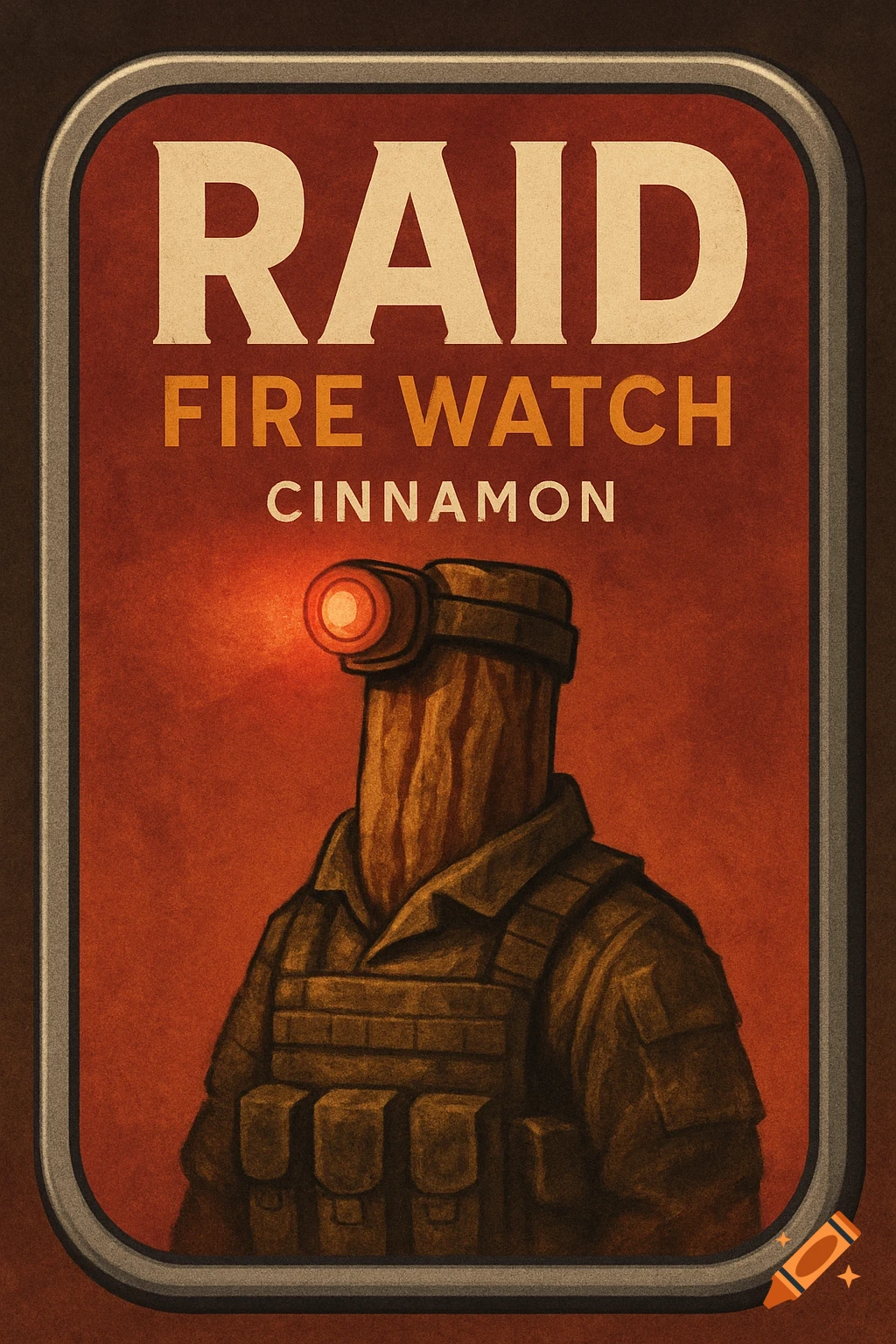 Stylized product label for RAID FIRE WATCH CINNAMON featuring a character made of cinnamon wearing tactical gear and a headlamp.