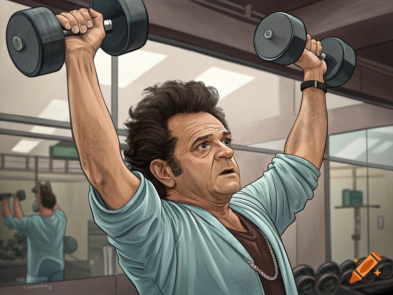 Illustration of a man resembling Joe Pesci lifting dumbbells overhead in a gym.