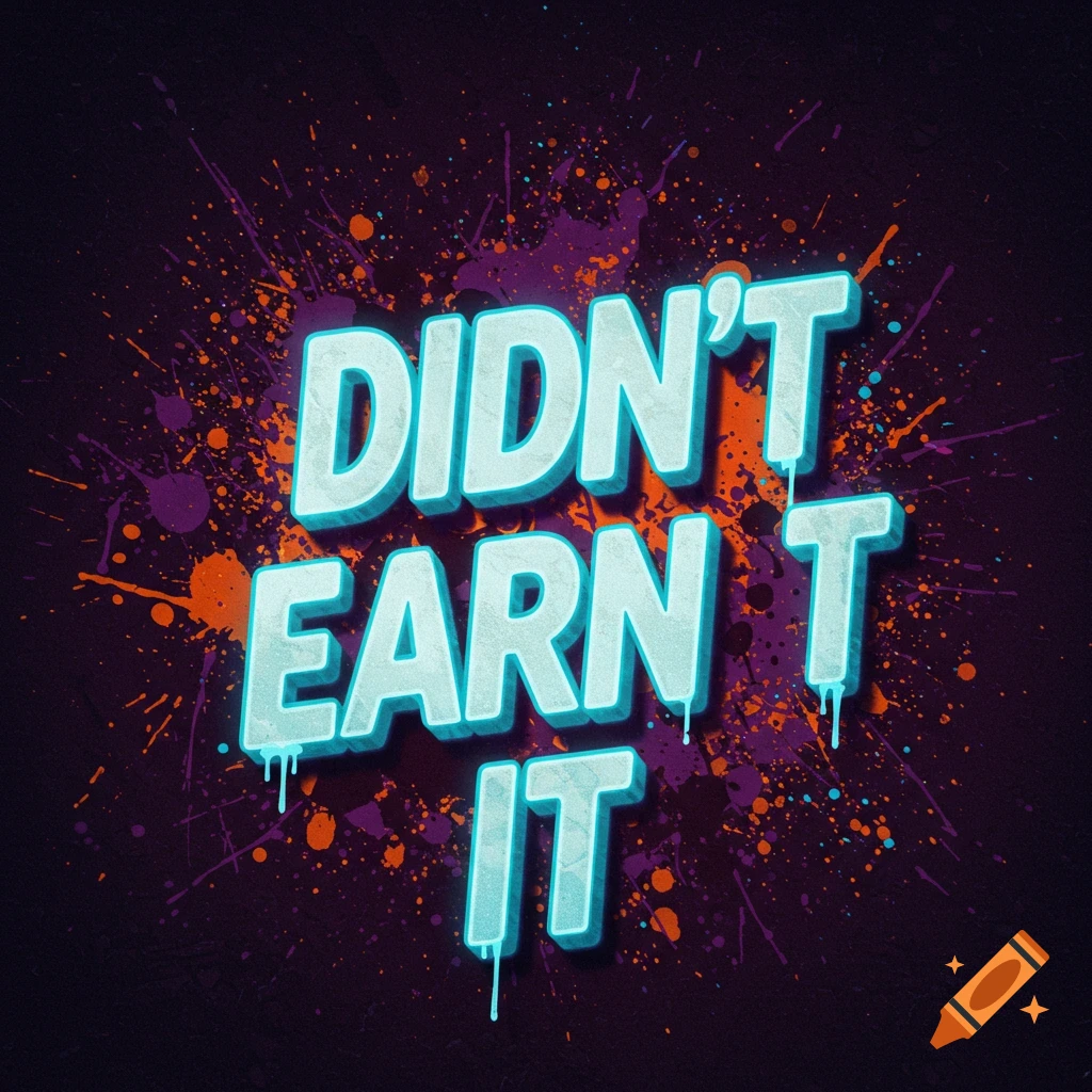 Stylized text 'DIDN'T EARN IT' with blue glow and drips on a dark background with colorful paint splatters.