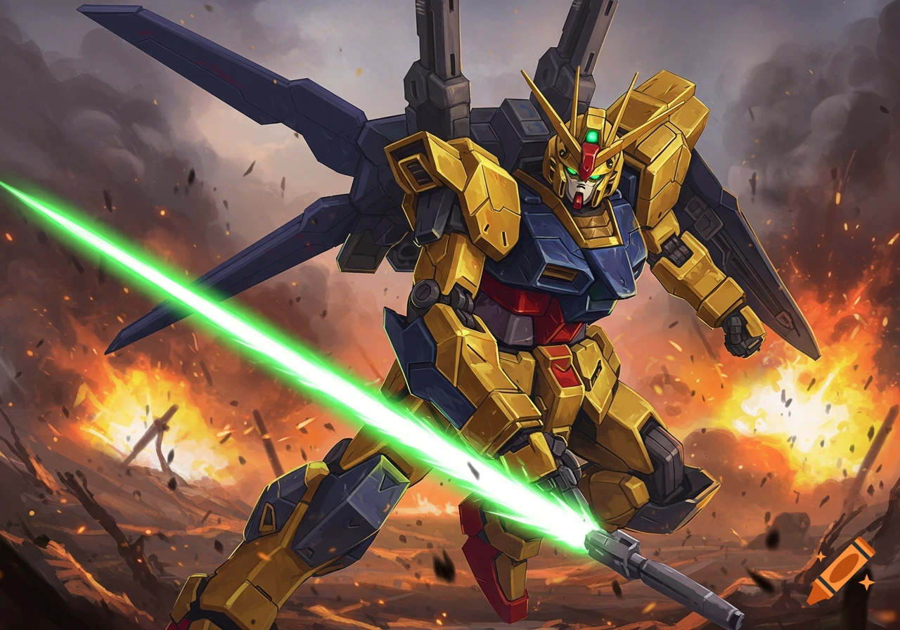An anime illustration of a yellow and blue mecha robot with a green beam saber standing in a battle scene with explosions.