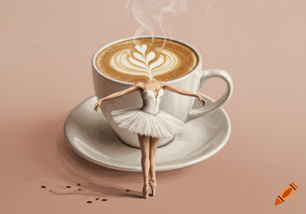 A ballerina in a white tutu with a steaming cappuccino cup as her head, standing on pointe in front of the cup and saucer.