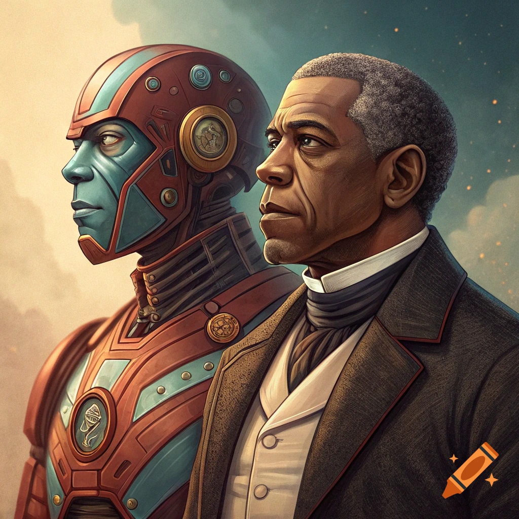 Detailed illustration of a humanoid figure resembling Barack Obama and a robotic figure side-by-side, looking left.