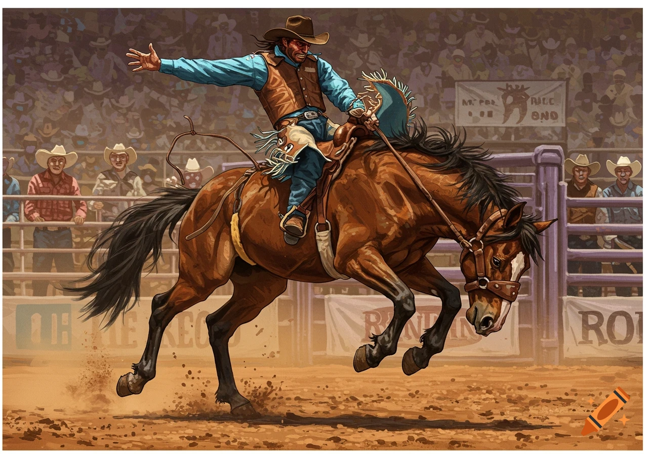 Illustration of a cowboy riding a bucking bronc at a rodeo.