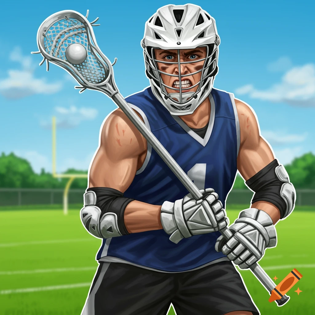 Illustration of a male lacrosse player holding a stick and ball on a field.