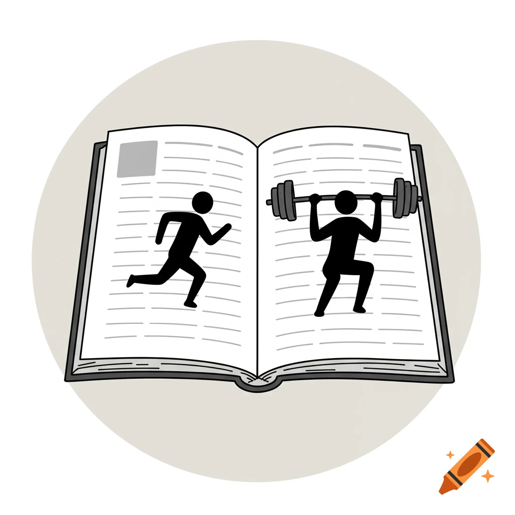 Icon of an open journal with a running stick figure on one page and a weightlifting stick figure on the other.