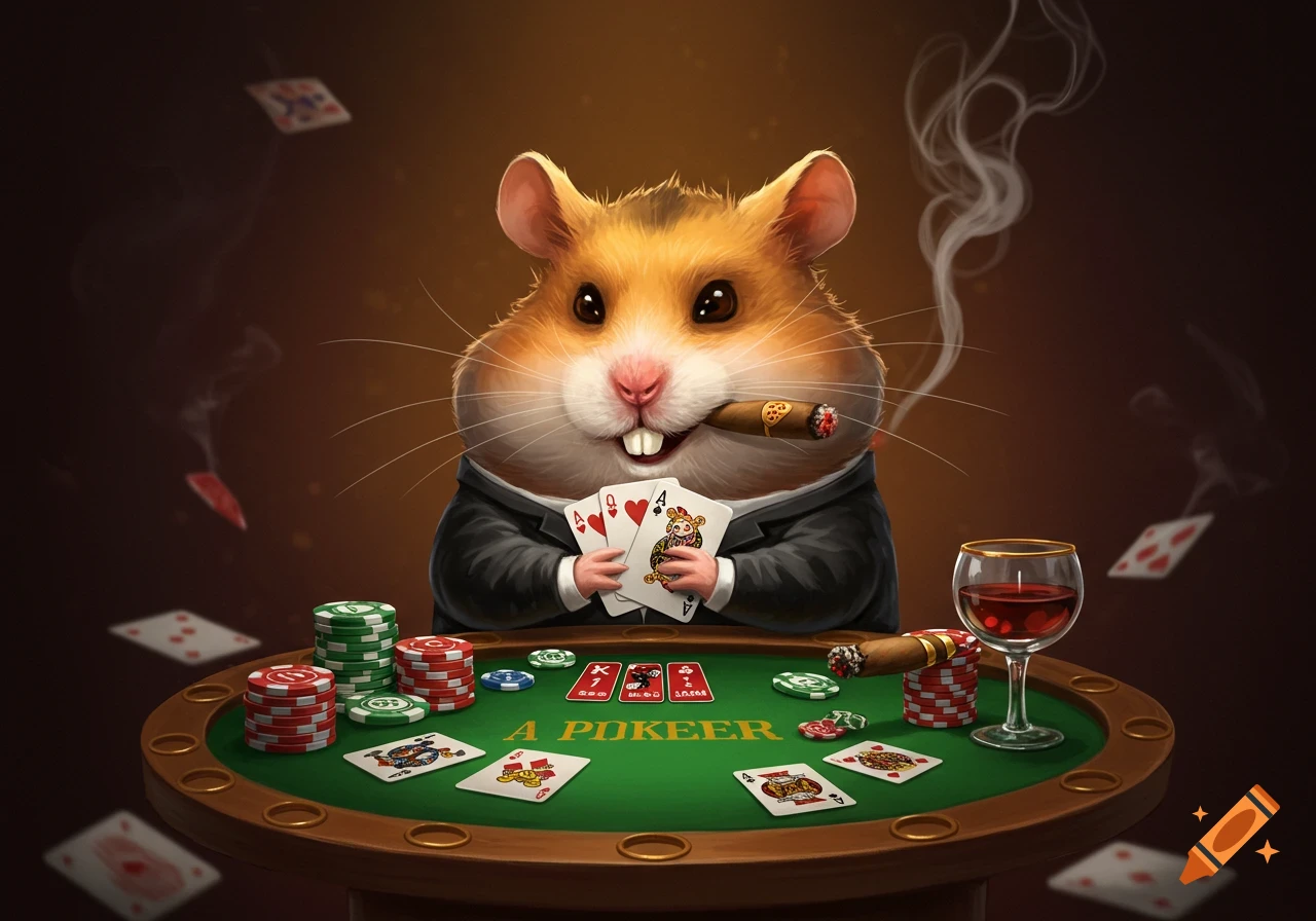 A hamster in a suit plays poker, holding cards and smoking a cigar. Poker chips and cards are on the table.