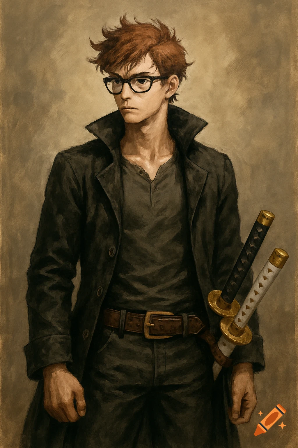 Digital painting of a young man with glasses and red hair, wearing a dark coat, with two katanas at his waist.