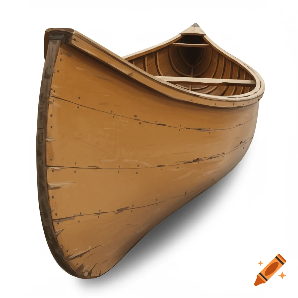 An empty wooden canoe on a white background.