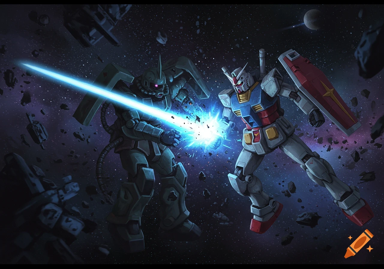 Two mecha robots fighting with energy beams in space amidst debris.