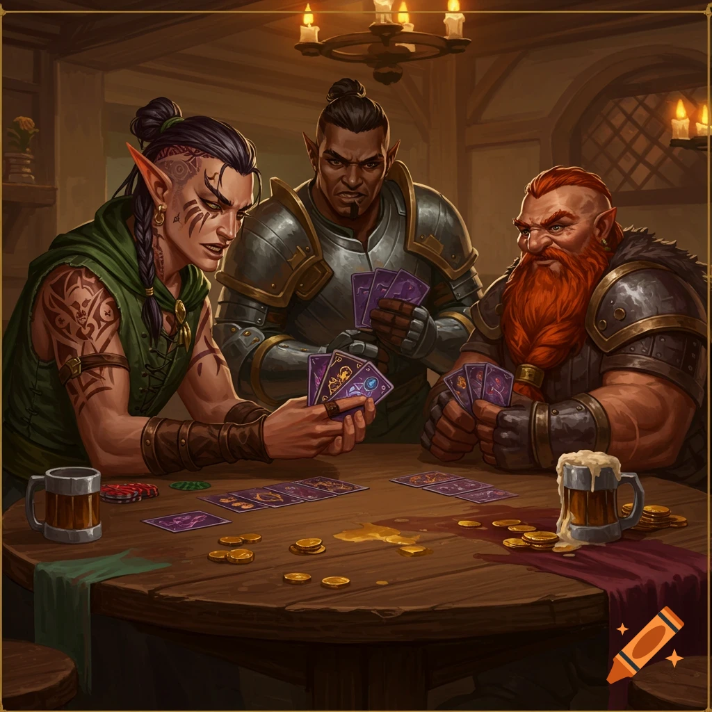 Three fantasy characters, an elf, a human, and a dwarf, play cards at a tavern table.