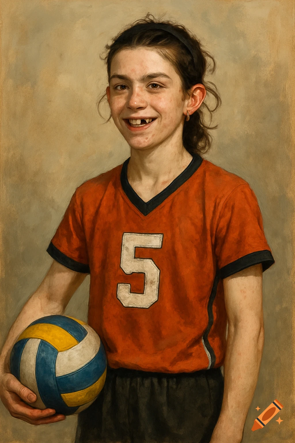 Portrait of a young volleyball player with number 5 jersey, holding a ball and smiling with a missing tooth.