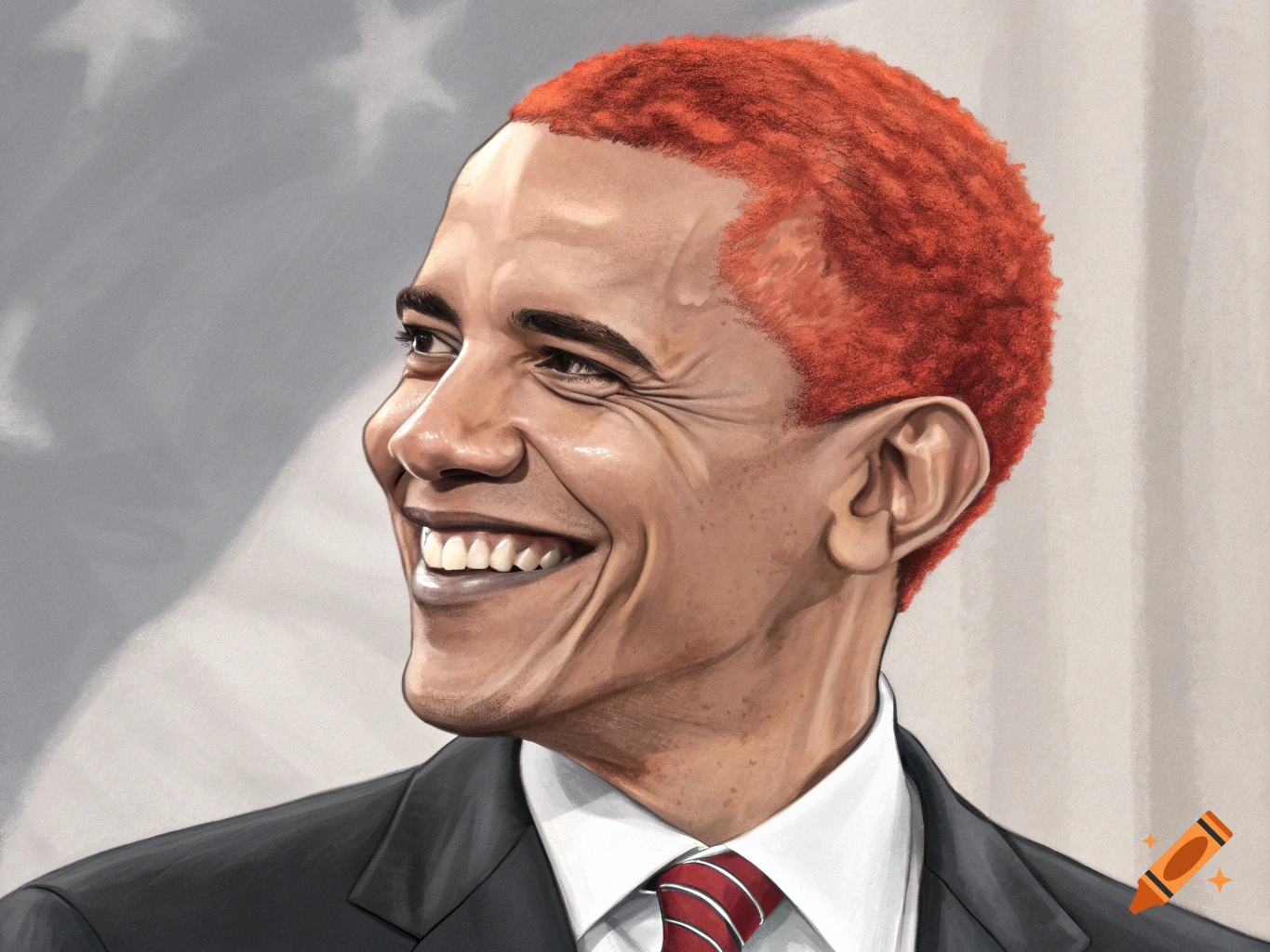 Caricature of Barack Obama smiling with red hair, wearing a suit and tie.