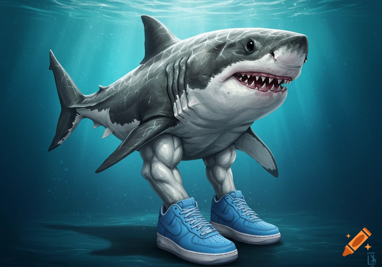 A great white shark with muscular legs stands underwater, wearing blue sneakers.