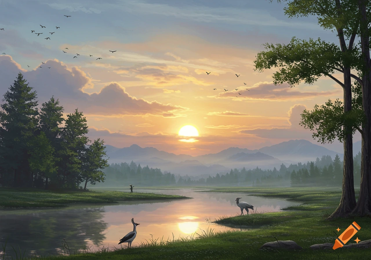 Sunrise over a peaceful river valley with trees, mountains, and birds.