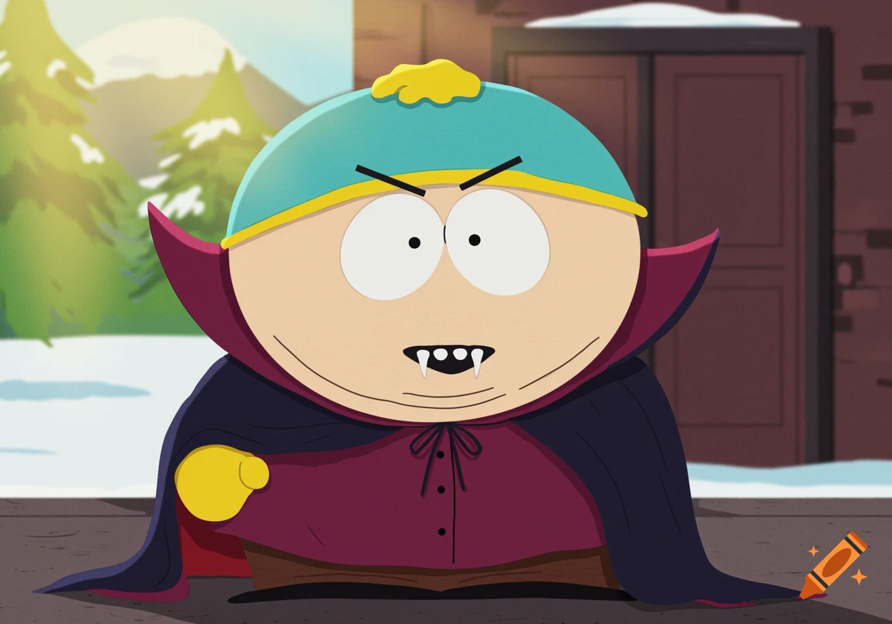 Cartman dressed as a vampire stands outside in a South Park animated style.