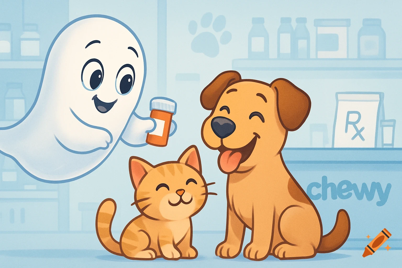 Cartoon ghost holds a pill bottle near a smiling cat and dog in a vet office.