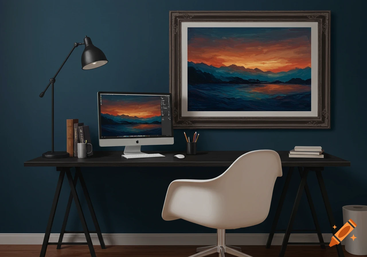 A computer desk setup with books, lamp, and monitor below a large framed painting of a colorful sunset landscape.