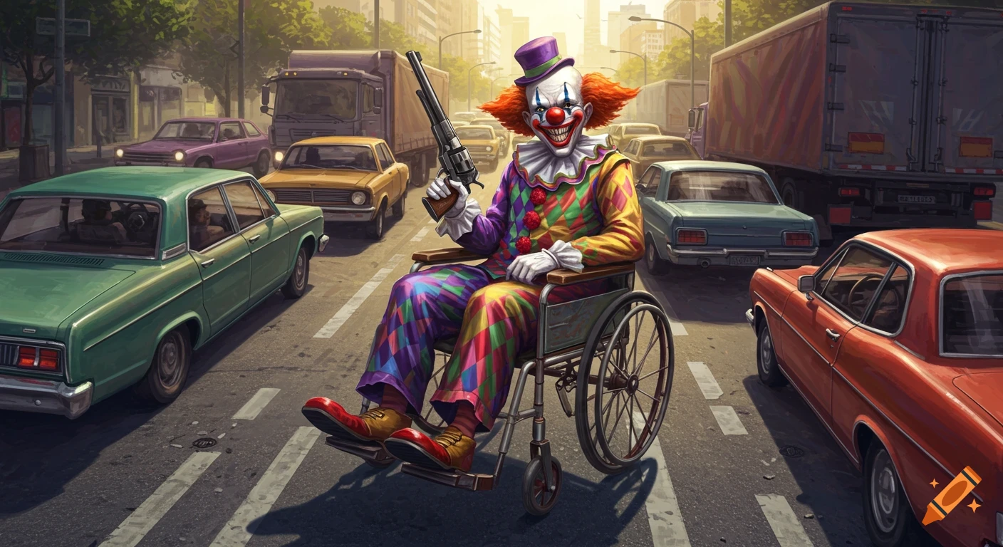 A clown in a wheelchair holding a gun sits in the middle of a road full of traffic.