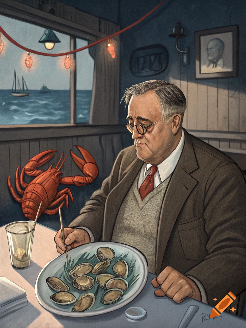 Stylized illustration of Franklin D. Roosevelt at a table with clams and a lobster looking out at the sea.