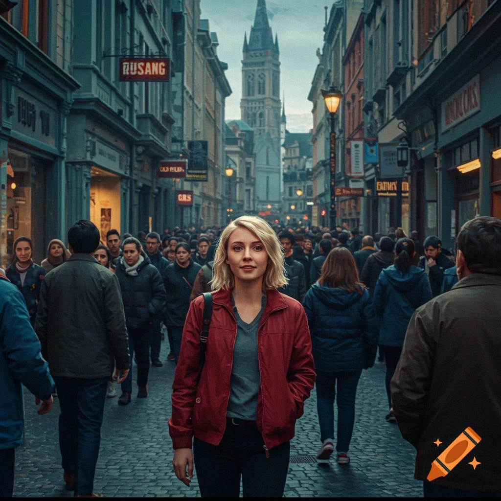A woman in a red jacket walks through a crowded city street, looking towards the viewer. Old buildings line the street with a tower in the distance.