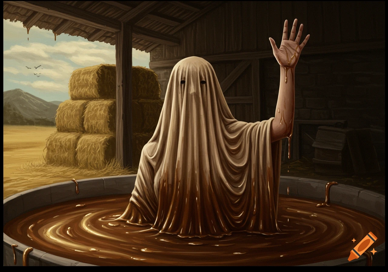 A figure covered by a sheet stands in a vat of molasses in a barn, raising one arm.