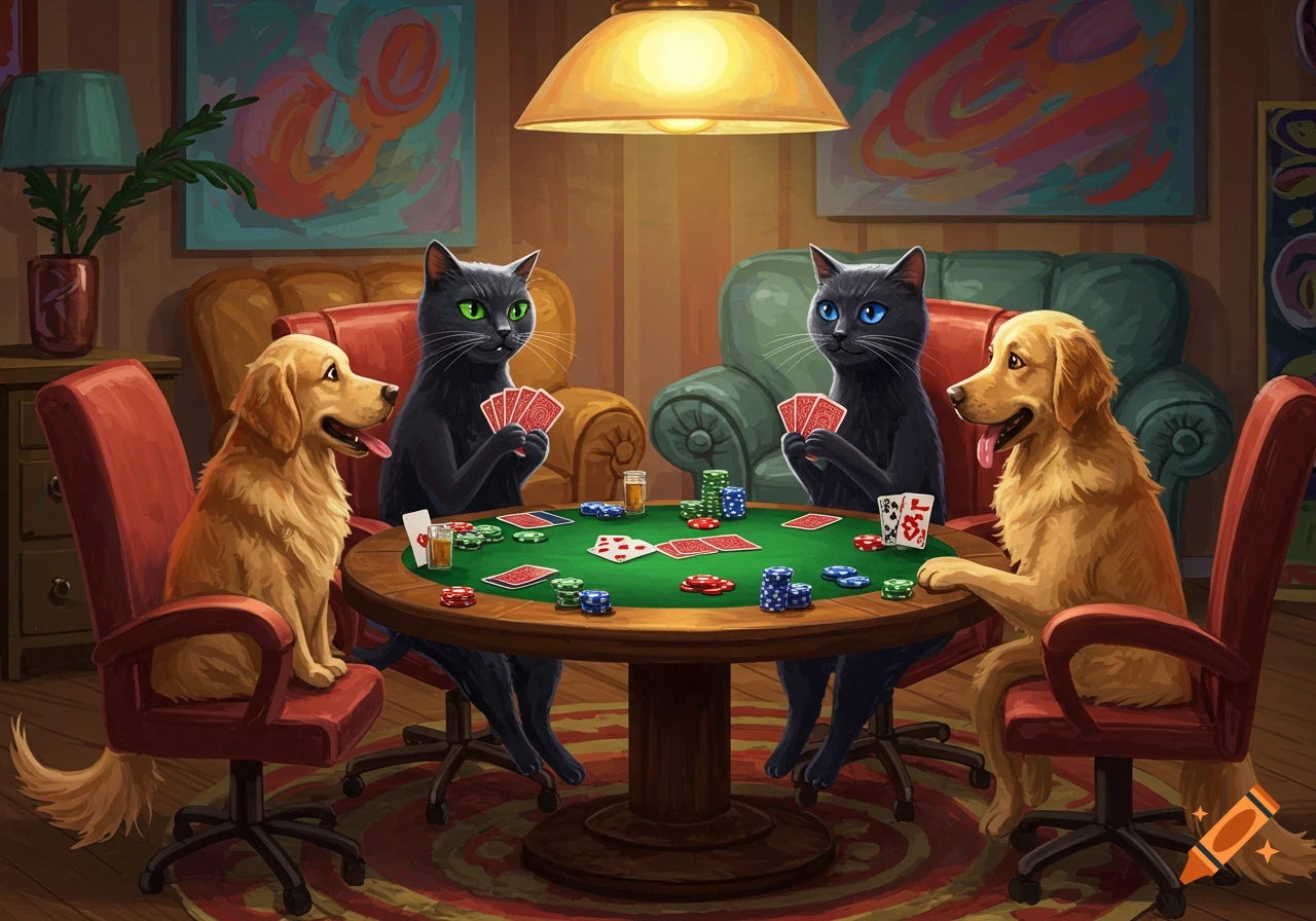 Two black cats and two golden retrievers play poker around a table in a digital painting.