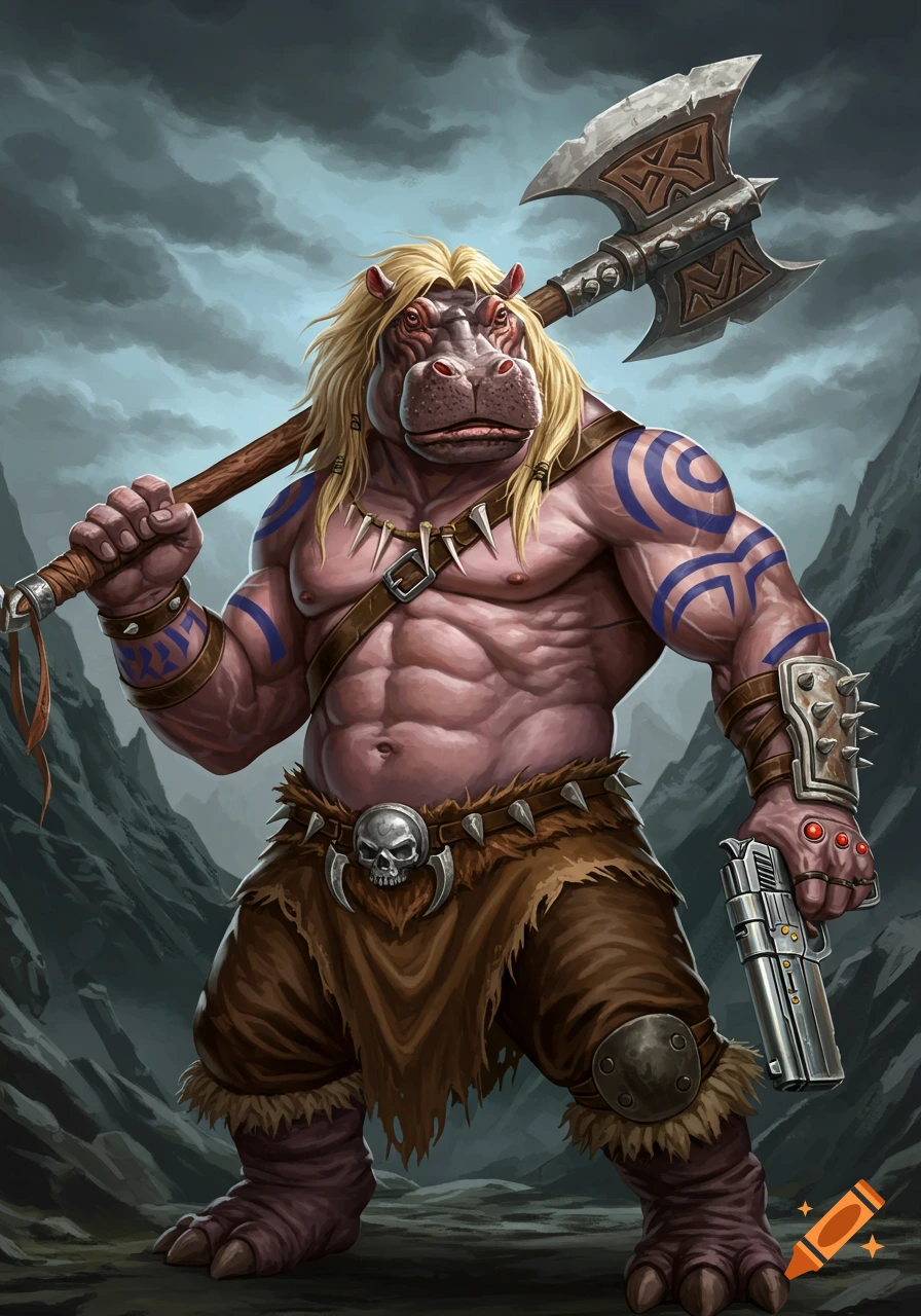A muscular fantasy hippo barbarian with blonde hair, axe, and gun stands in a rocky landscape.