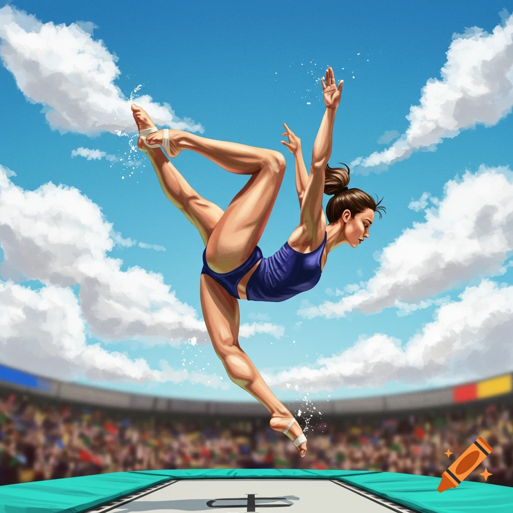 A female gymnast performs a dynamic pose on a trampoline in a bright arena.