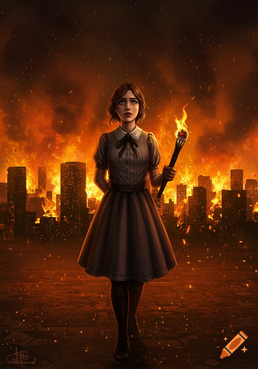 A young woman with a torch stands in front of a city engulfed in flames.